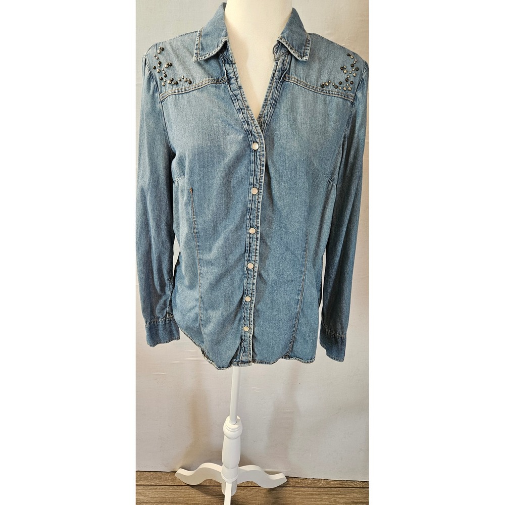 ANA A New Approach Womens Denim Button Down Shirt Studded Western Light Wash L